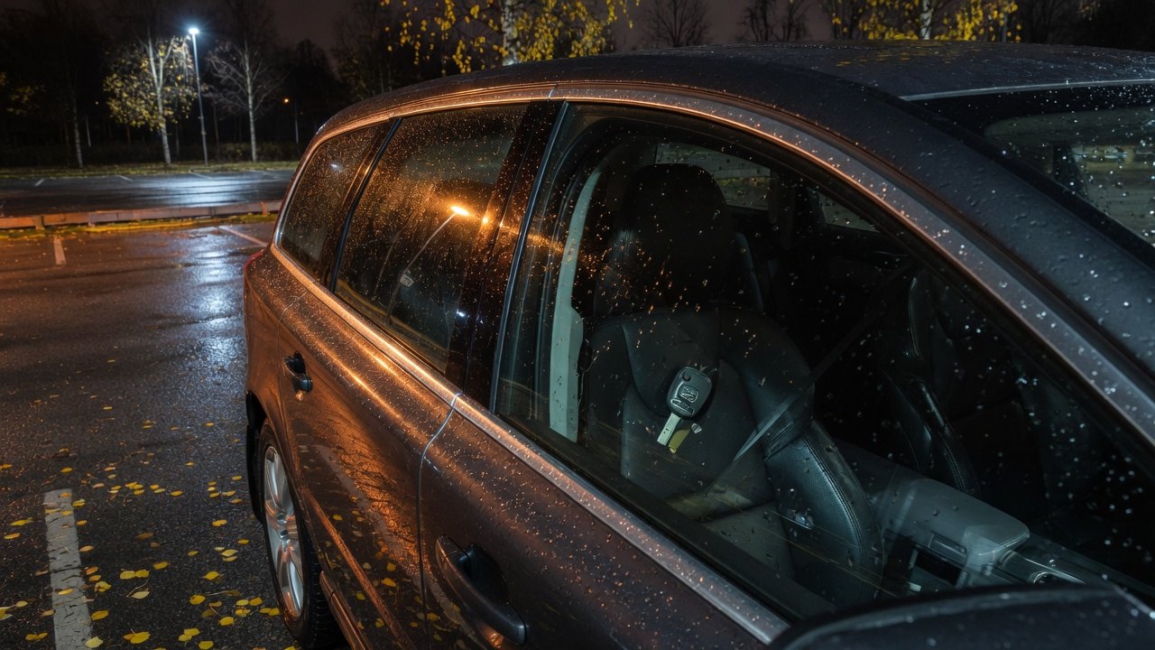 En bil på en parkering i höstmörkret med nyckeln kvar på förarsätet